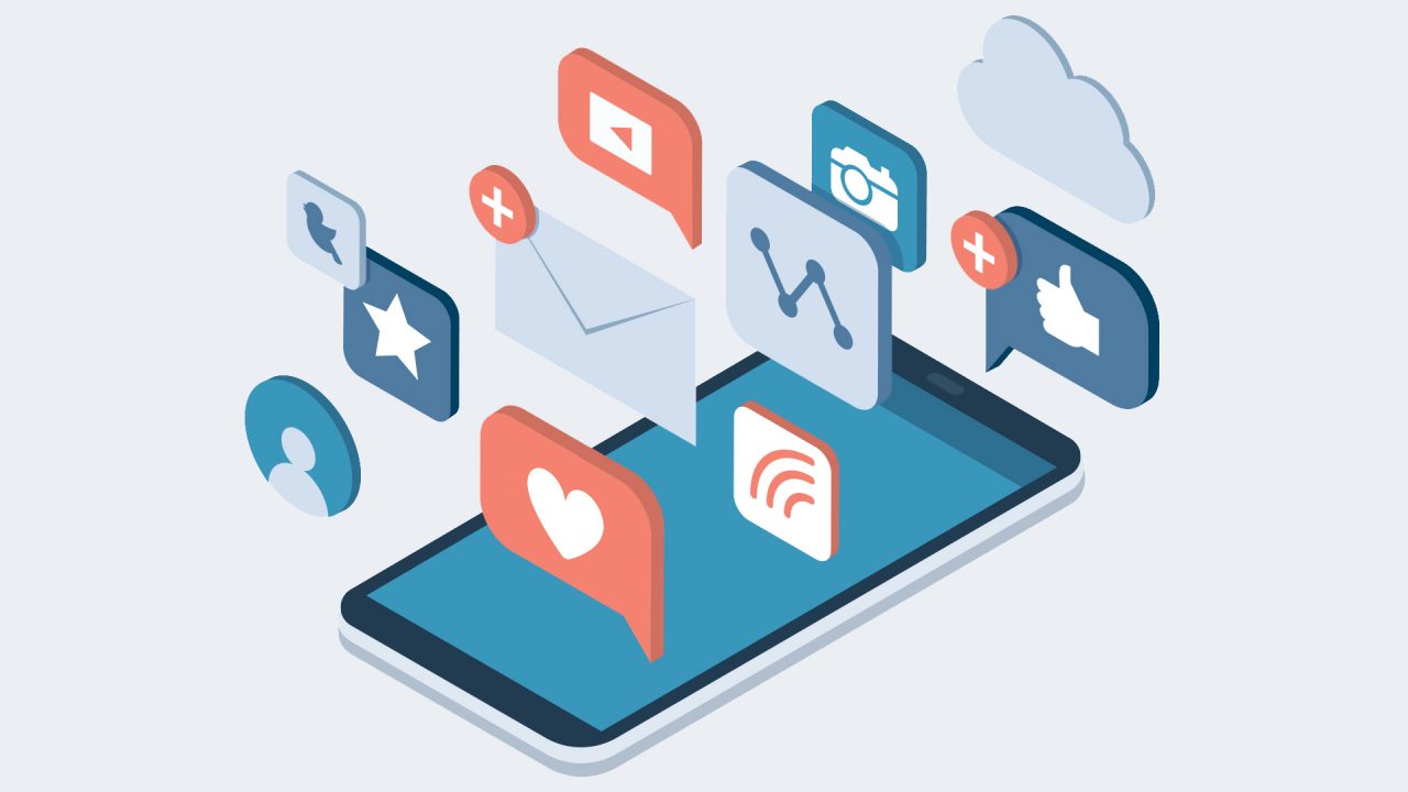 Cartoonish social media icons raised above a smart phone