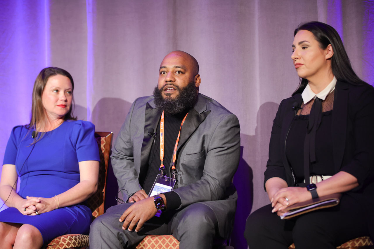 From left, Amelia Nickerson, CEO of First Step Staffing; Vincent Bragg, founder and CEO of ConCreates, Inc.; and Genevieve Rimer, senior director of inclusive hiring at the Center for Employment Opportunities, speak at SHRM Talent 2024.
