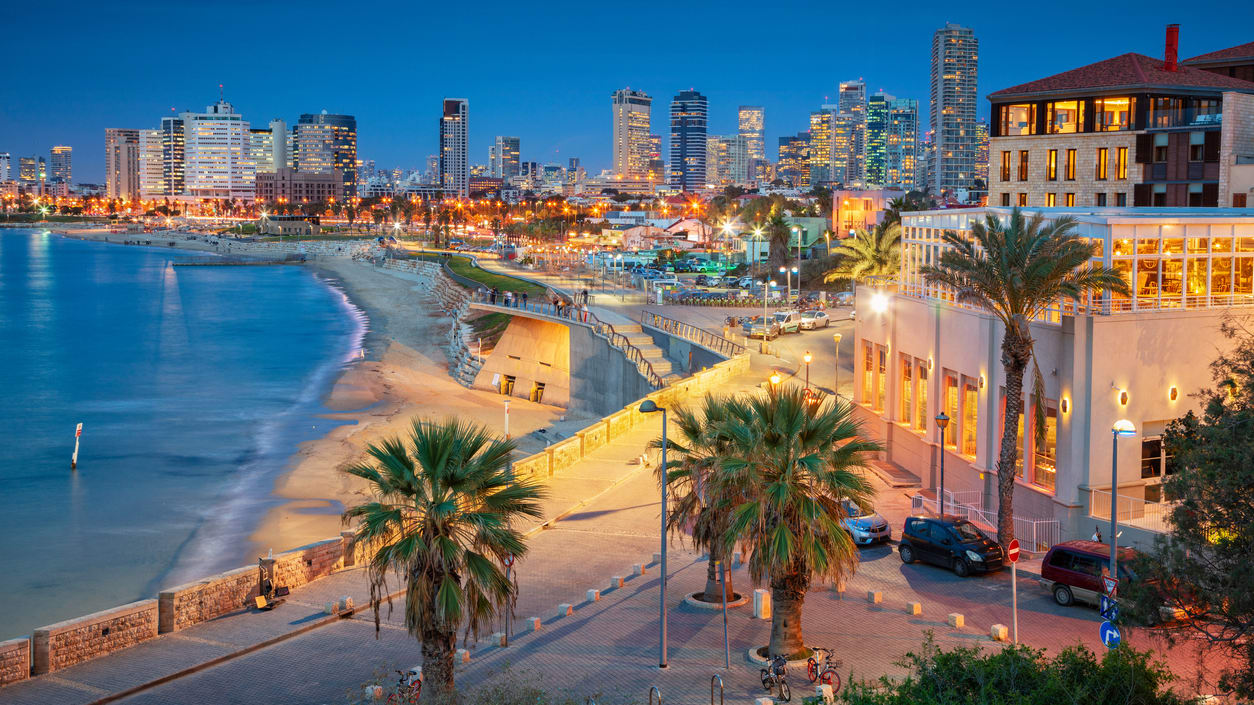 The city of tel aviv at night with palm trees and a beach.