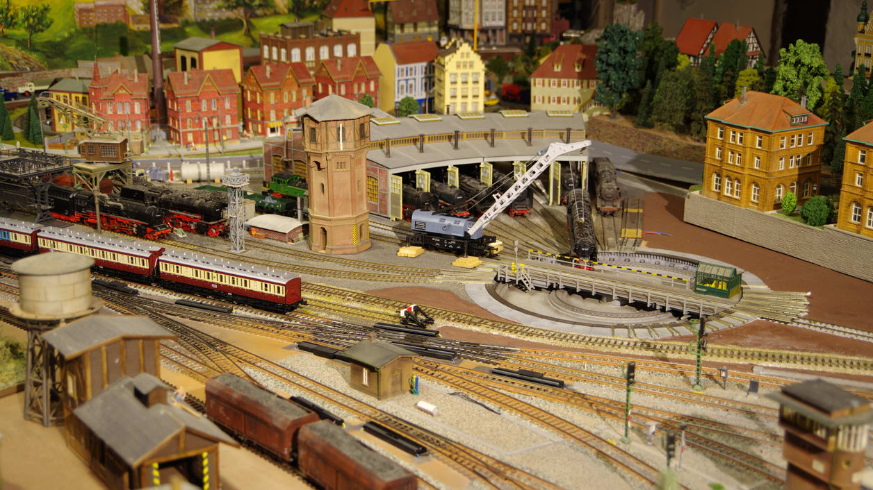A model train on a train track.