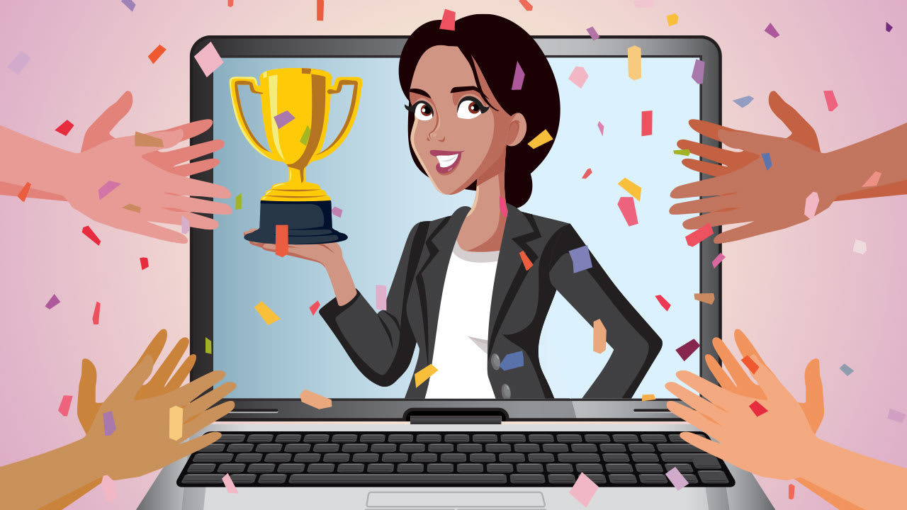 A woman holding a trophy on a laptop screen.