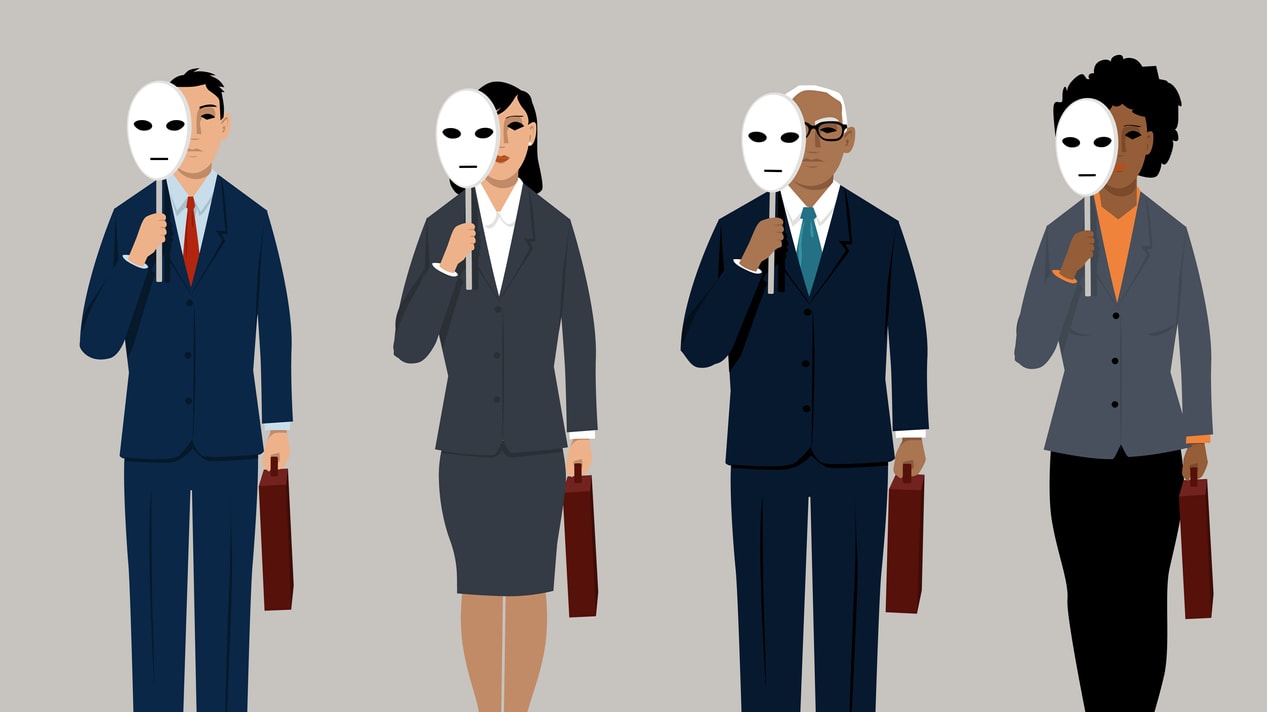 A group of business people with masks on their faces.