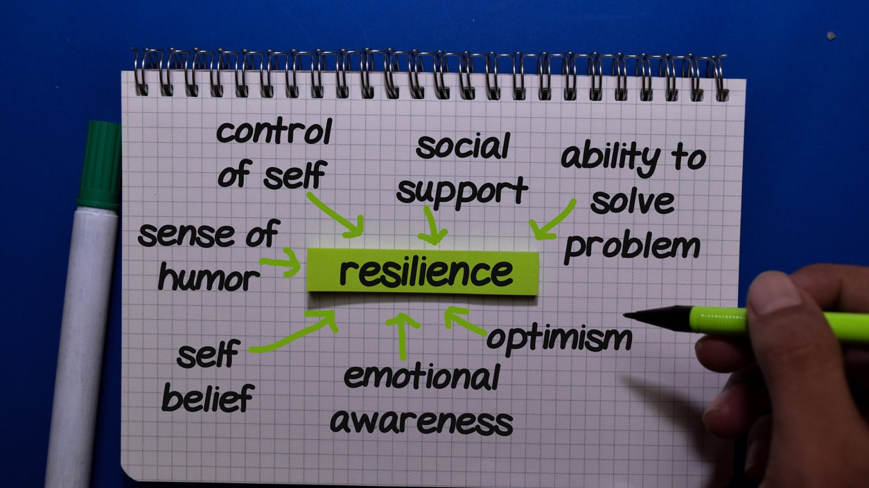 A person writing the word resiliency on a notebook.