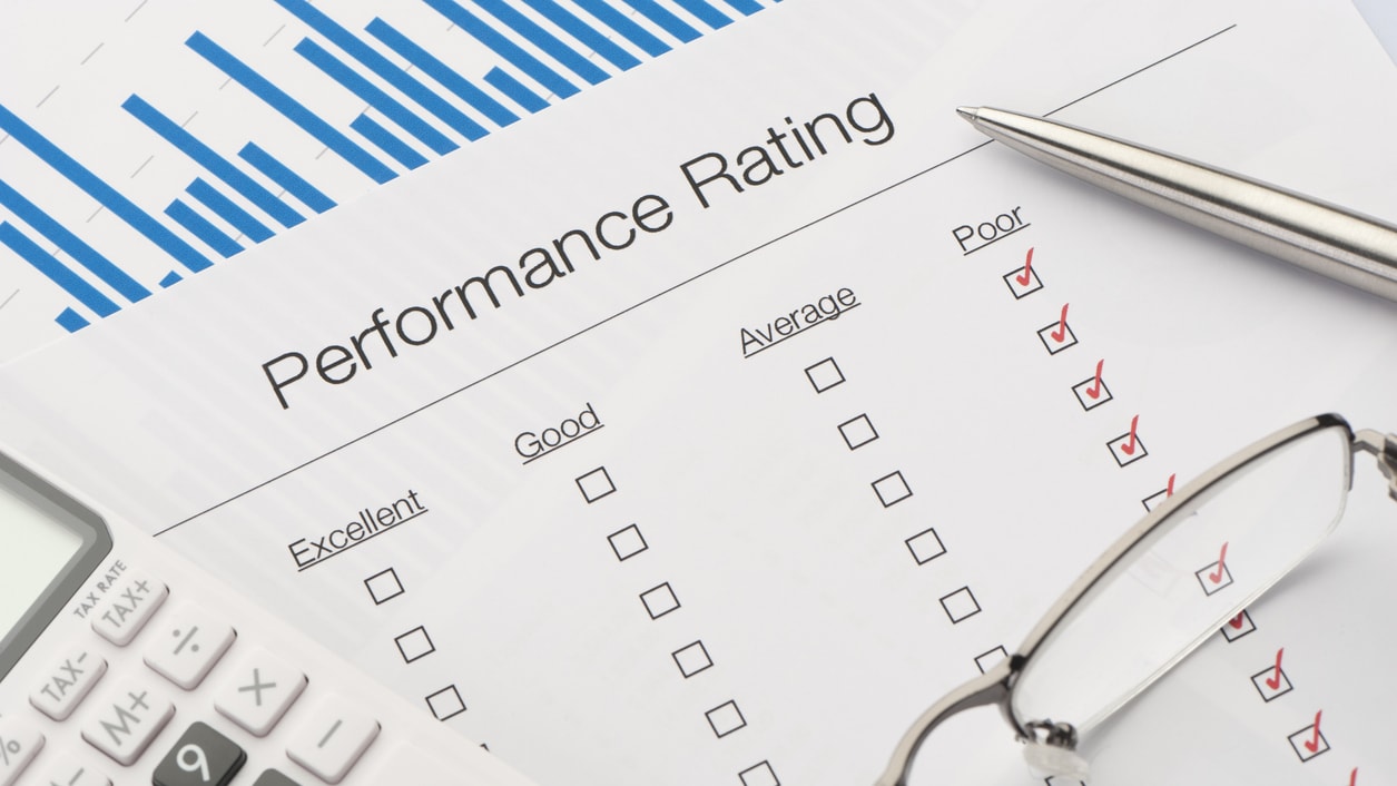 Performance rating on a sheet of paper with glasses and a calculator.