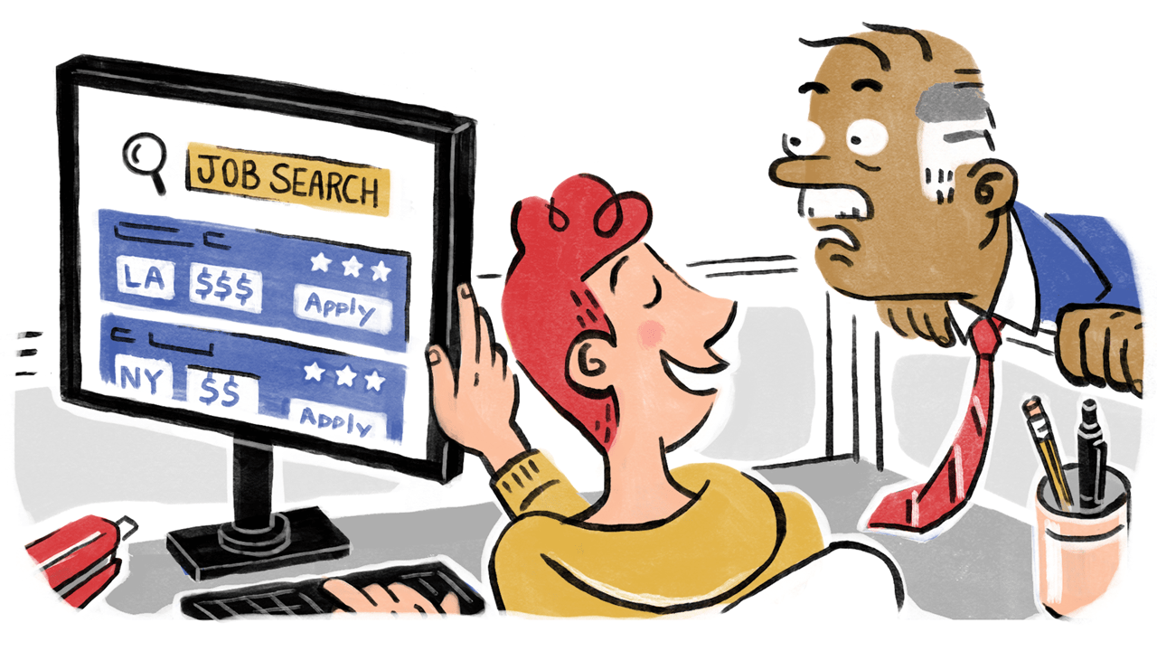 A cartoon of a man looking at a computer screen.