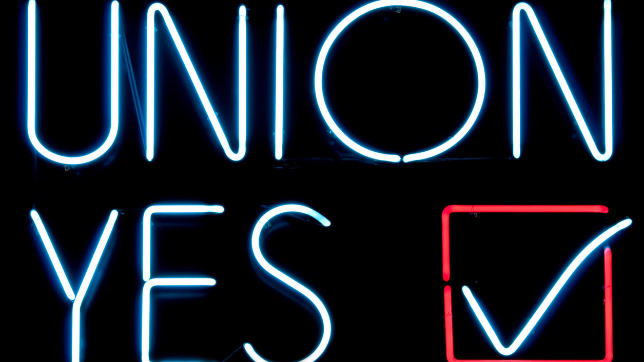 A neon sign that says union yes on a black background.
