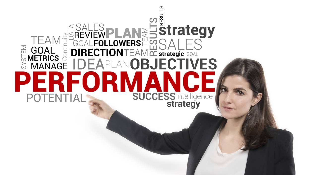 A business woman pointing to the word performance.