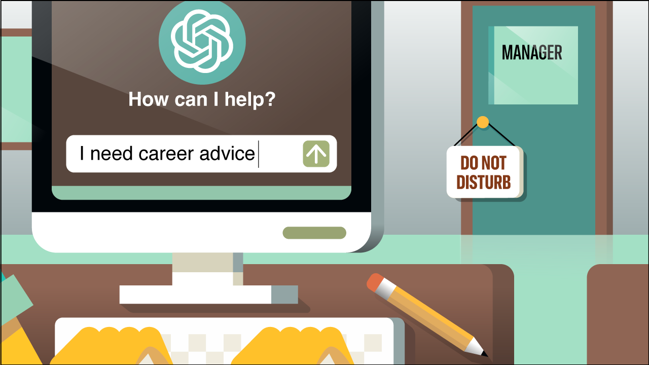 ChatGPT on a computer with text input of "I need career advice"
