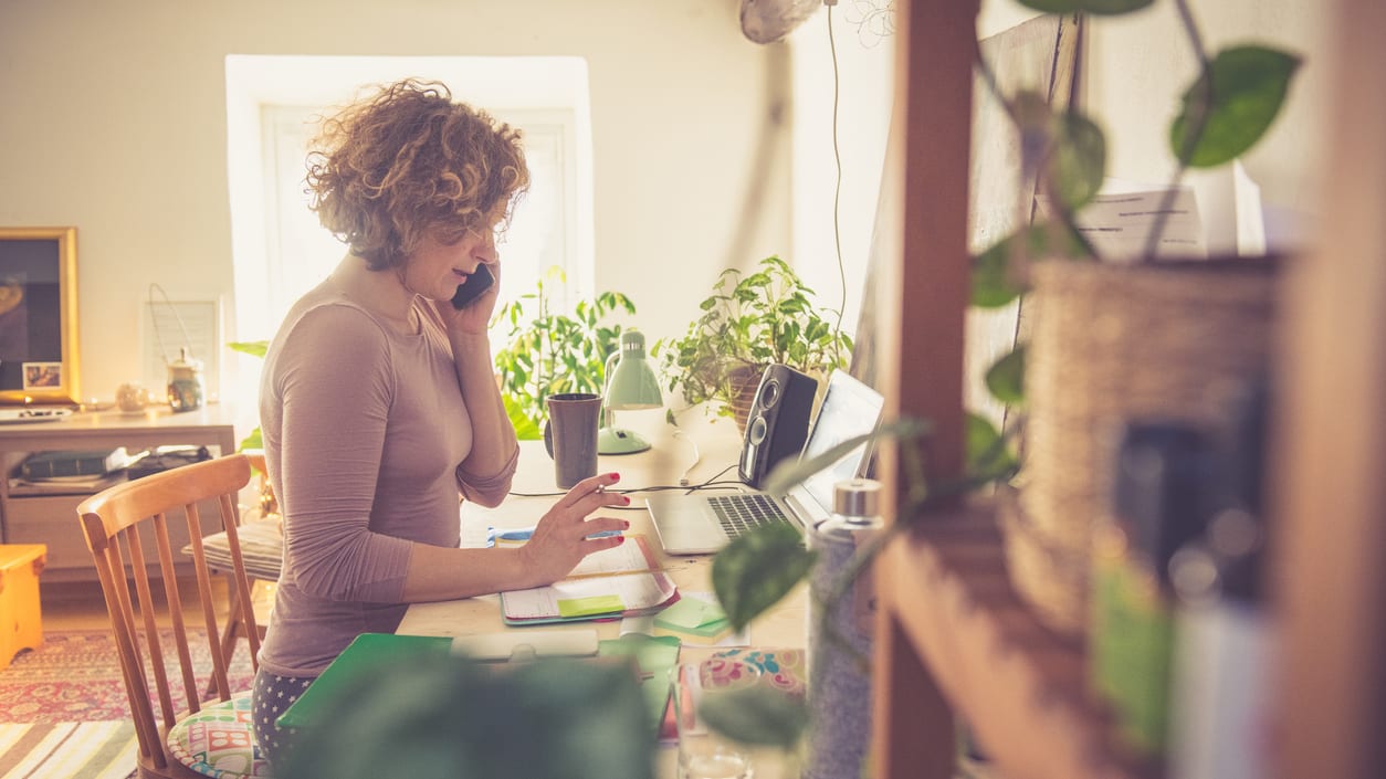 A woman sitting at a desk with a laptop and a plant.