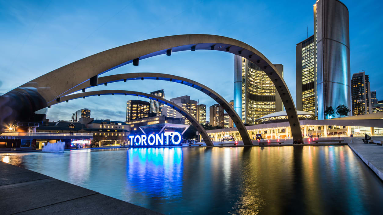 Toronto skyline at dusk.