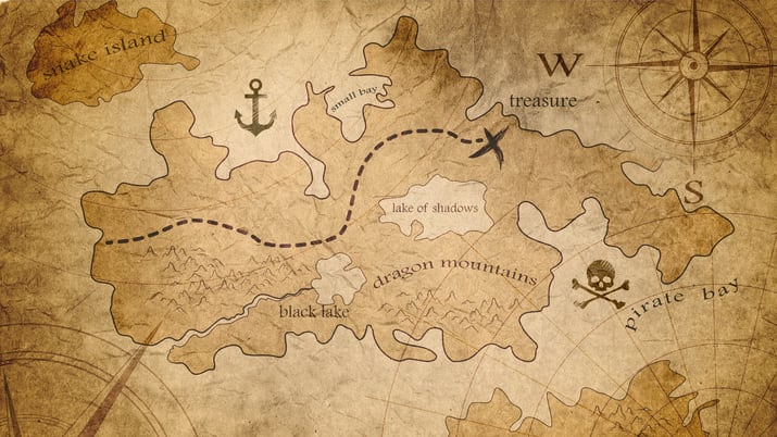 A map of a pirate island with a compass and a compass.