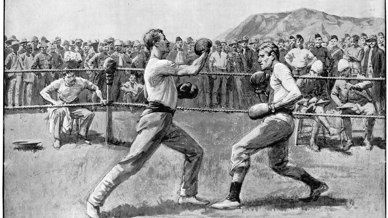 A black and white illustration of a boxing match.