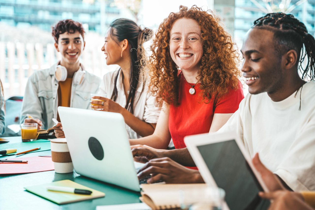 College students study together.