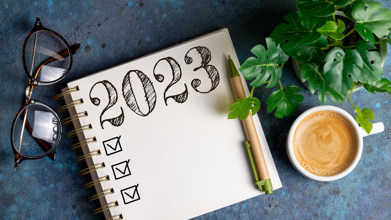 A notebook with the word 2020 and a cup of coffee on a blue background.