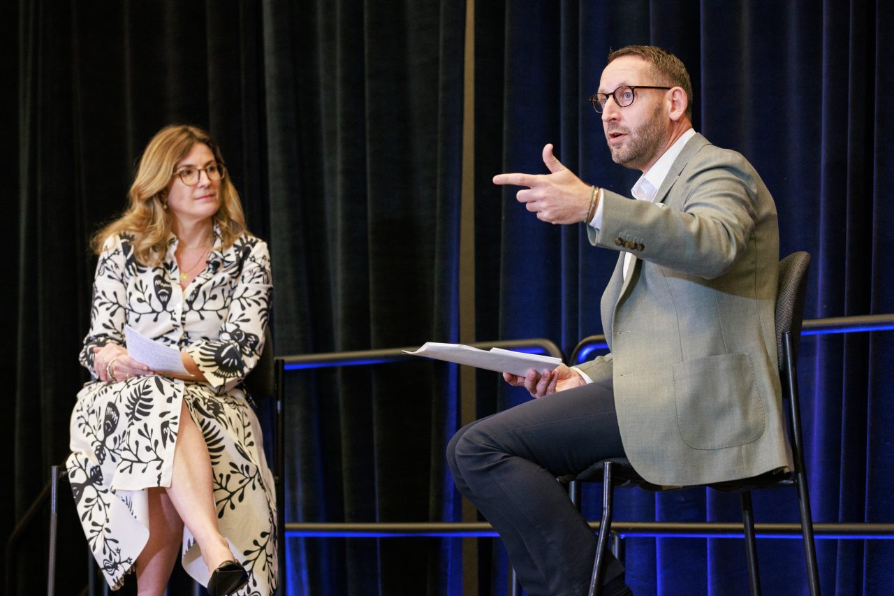 Gaëlle de la Fosse, president of LHH, and Adam Hawkins, head of search and staffing for EMEA and LATAM at LinkedIn, during their presentation at SHRM25 in San Diego.