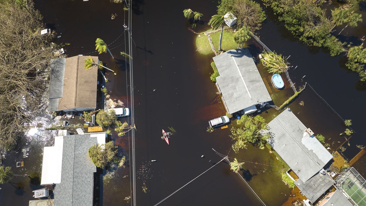 An aerial view of a flooded neighborhood.