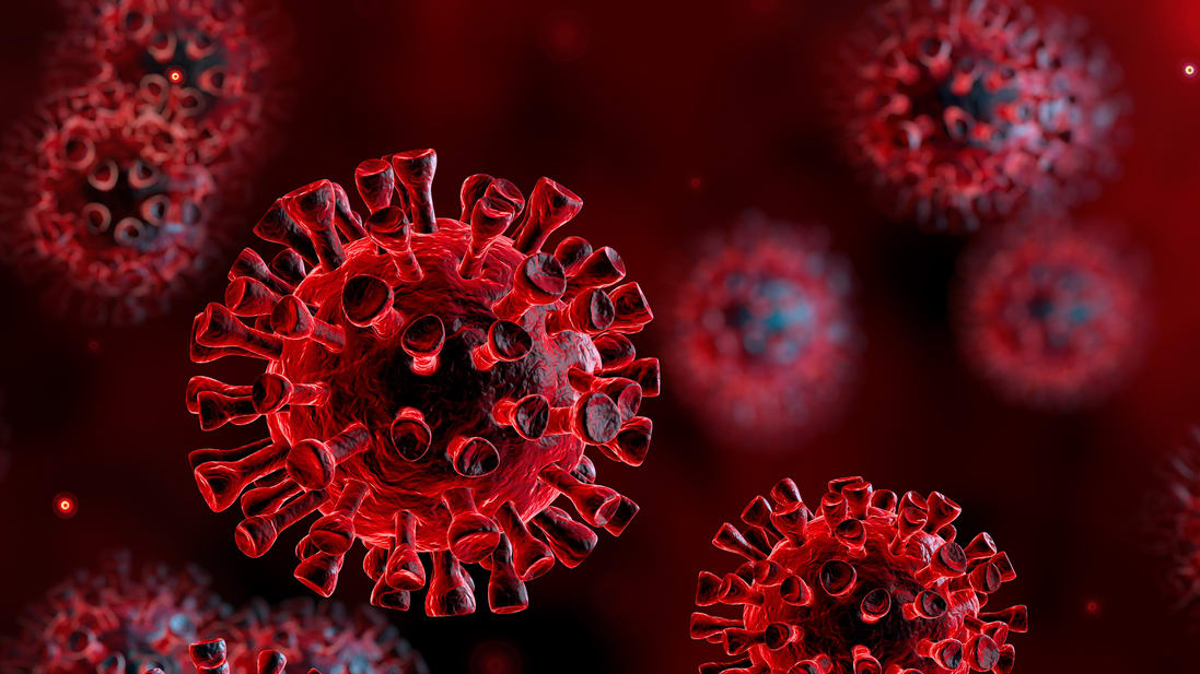 Coronaviruses on a red background.