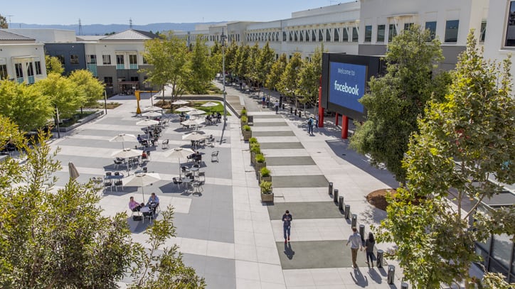 An aerial view of a campus with trees and people.