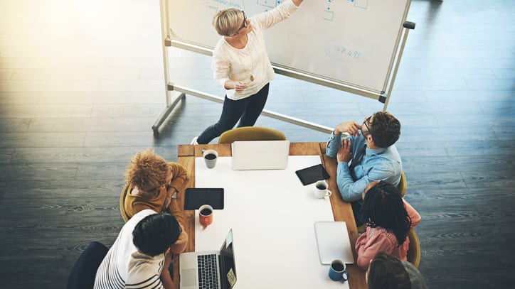 A group of people sitting around a whiteboard in a meeting room.