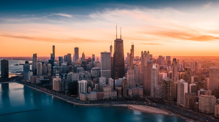 Aerial view of chicago skyline at sunset.