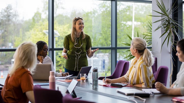 A woman giving a presentation to a group of people in a conference room.