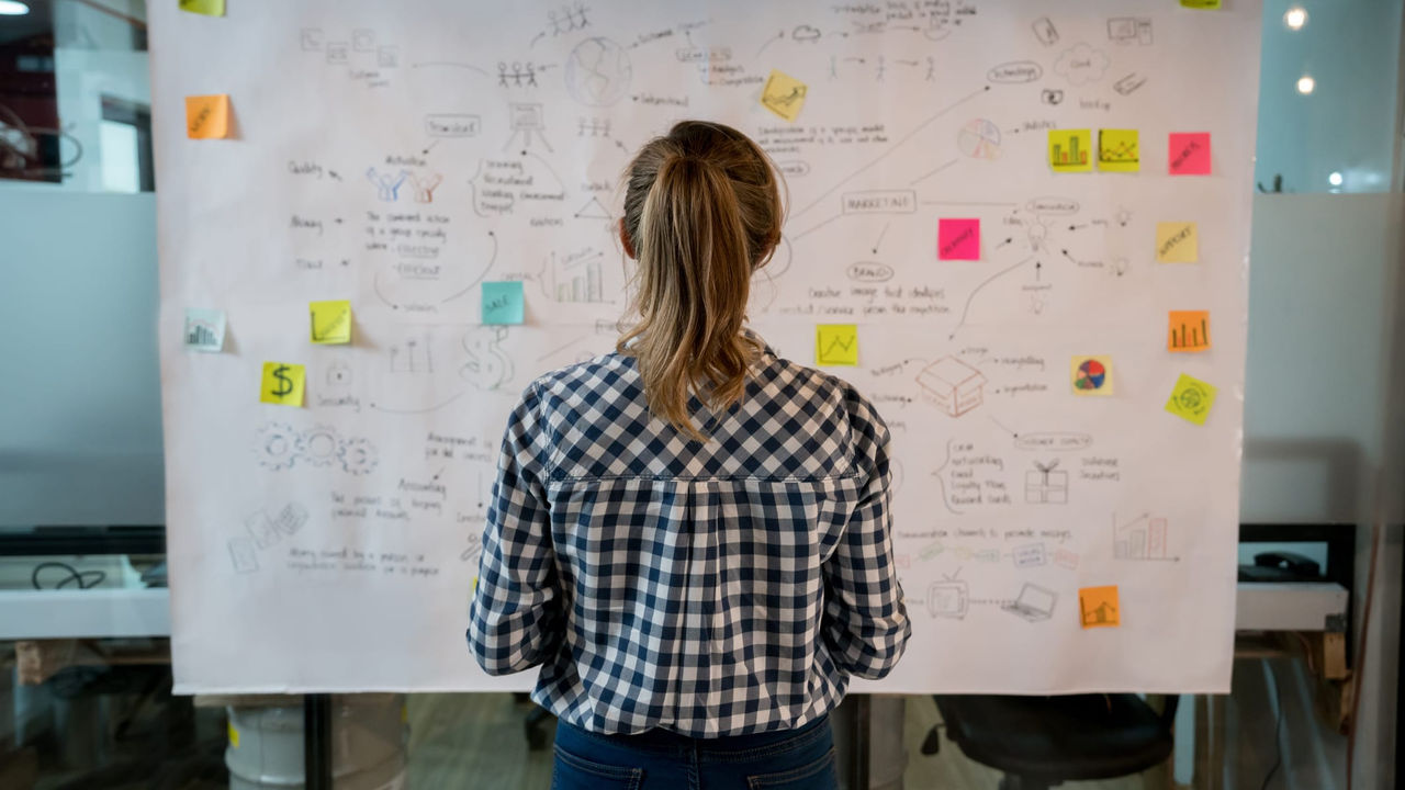 A woman looking at a whiteboard with sticky notes on it.
