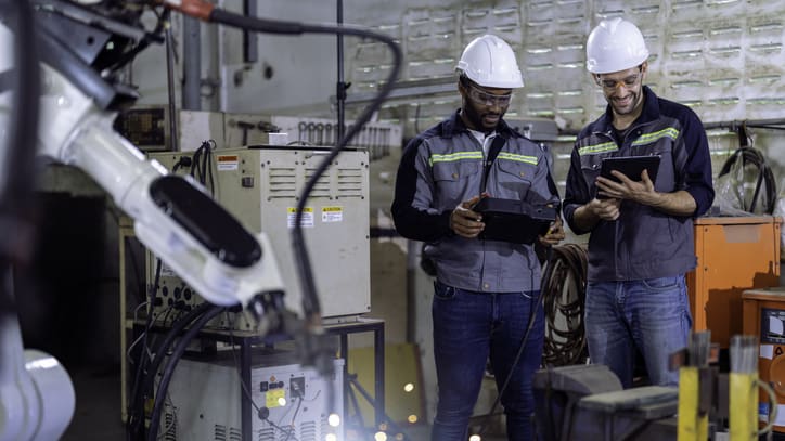 Two men in hard hats working in a factory.