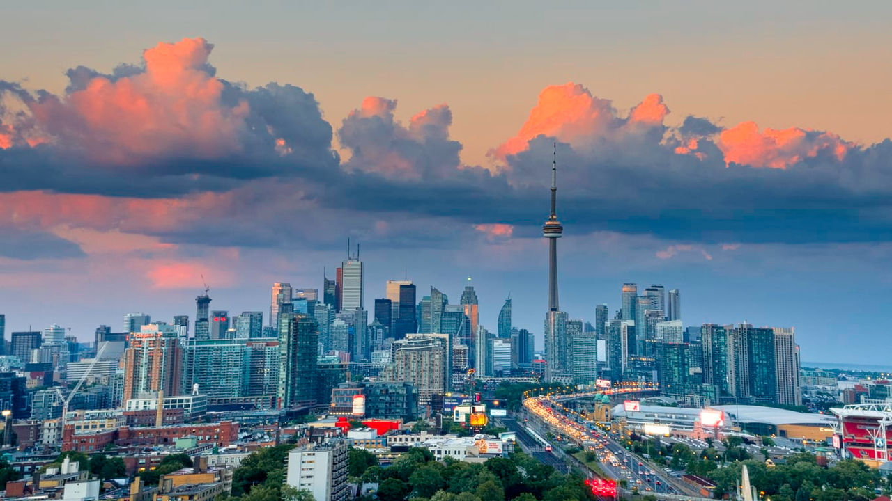 Toronto skyline at sunset.