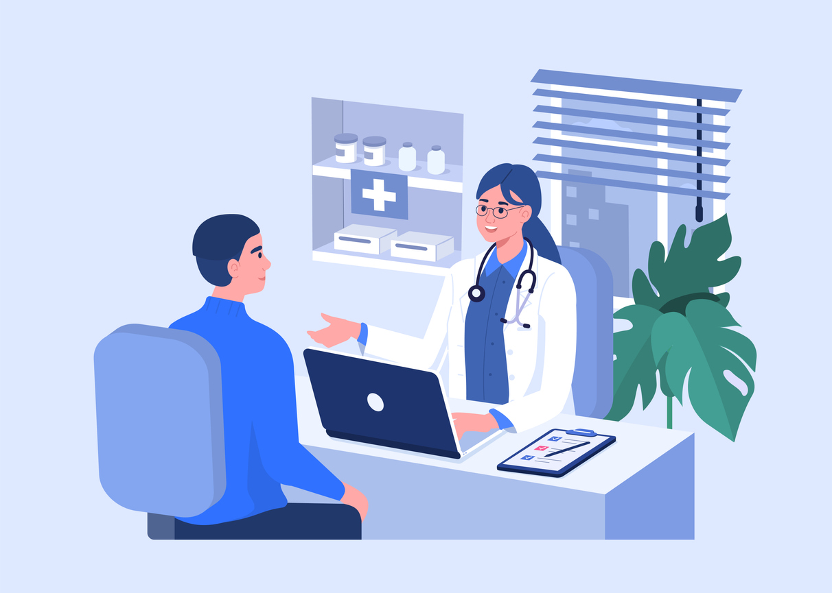 Man Talking with Woman Doctor in Office. Patient having Consultation about Disease Symptoms with Doctor Therapist in Hospital. Medical People Characters. Flat Cartoon Vector Illustration.