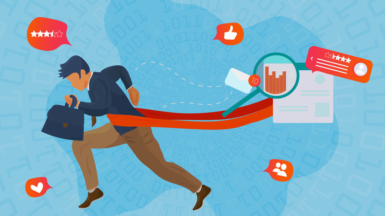 Illustration of a businessman carrying a briefcase and running through a finish line. Digital icons such as a thumbs up, a love heart, a five-star rating, and a notification with a bar graph denote digital reputation and performance metrics.