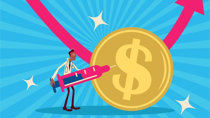 A businessman holding a dollar coin with an arrow pointing upward.