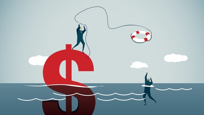 Two people are trying to catch a dollar sign in the water.