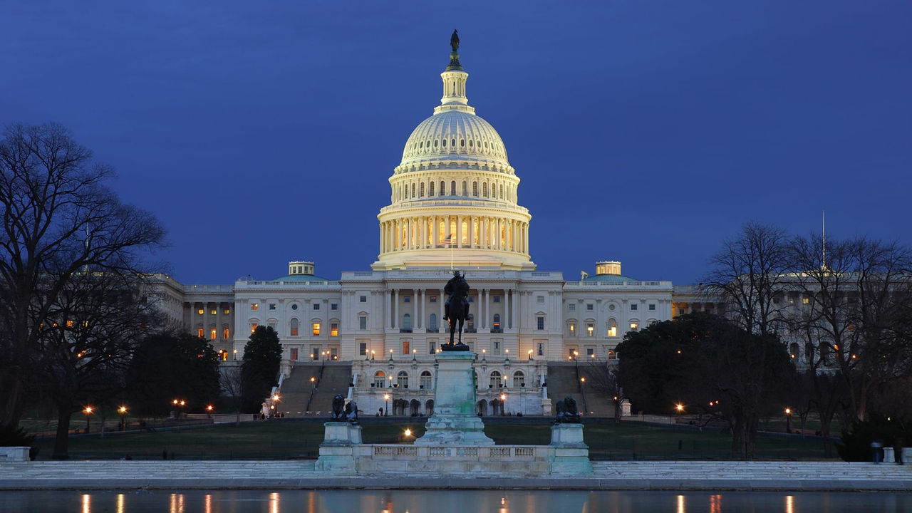 The capitol building in washington, dc at dusk.