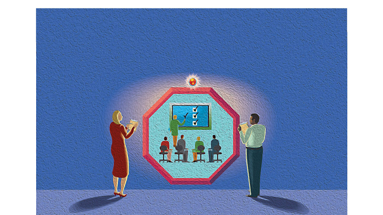An illustration of a man and woman looking at a television.