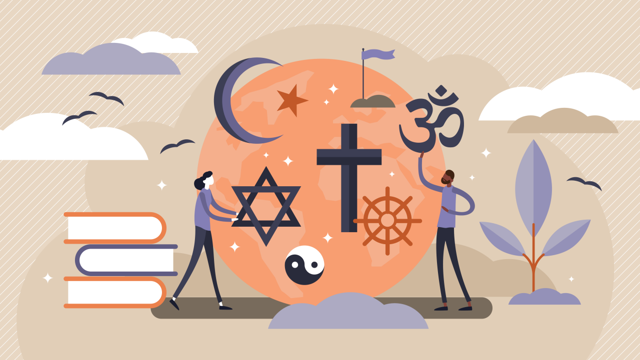 An illustration of a man and a woman with religious symbols on an egg.