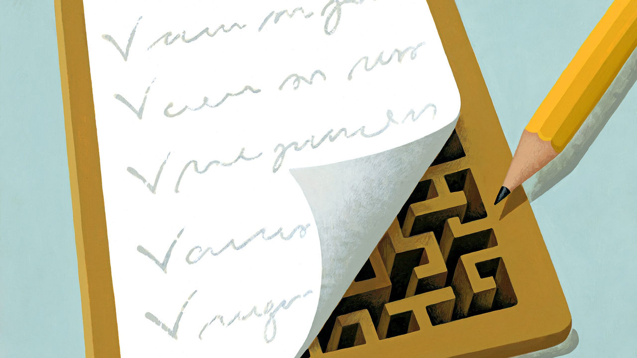 A clipboard with a piece of paper and a pencil.