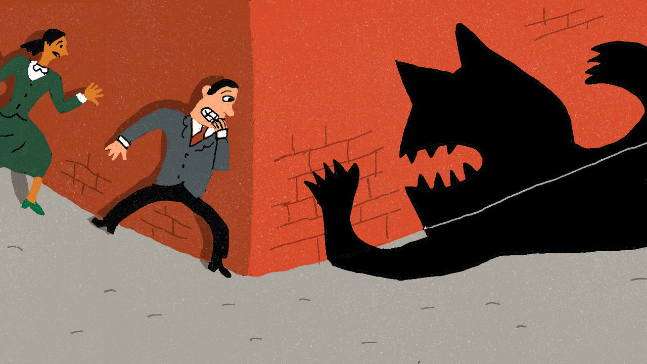 An illustration of a group of people running away from a black cat.