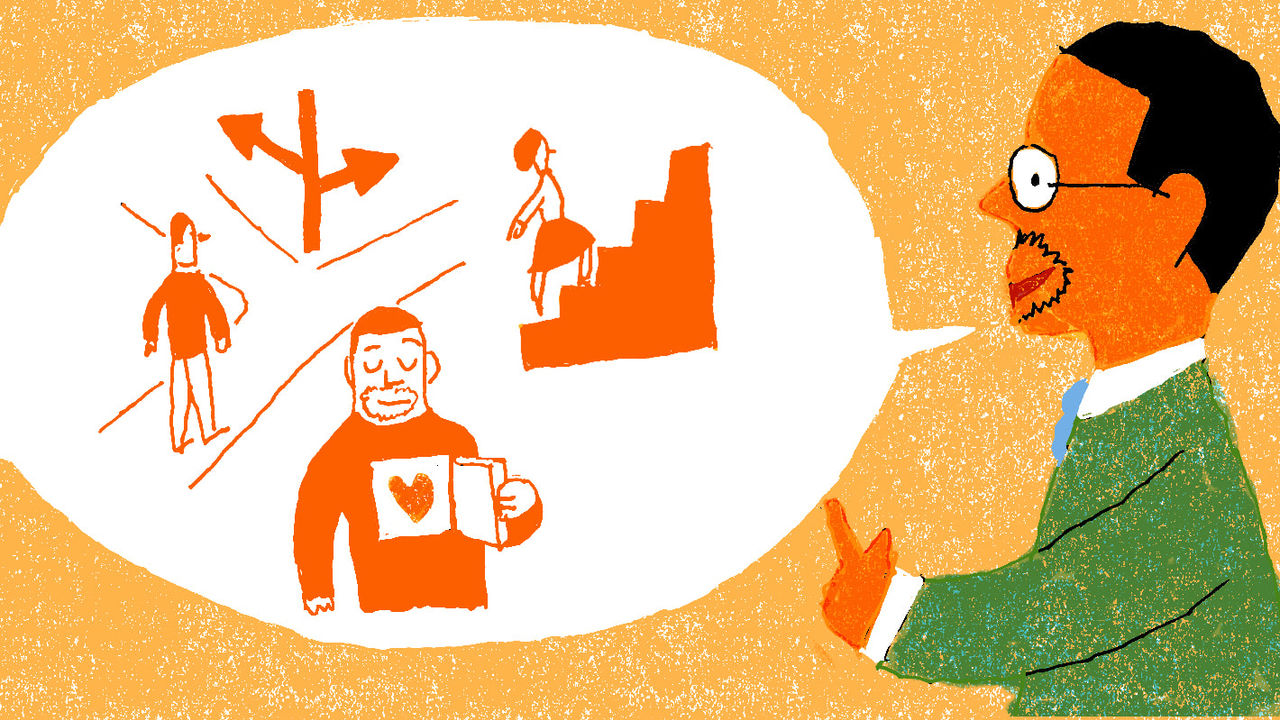 An illustration of a man talking to a woman.